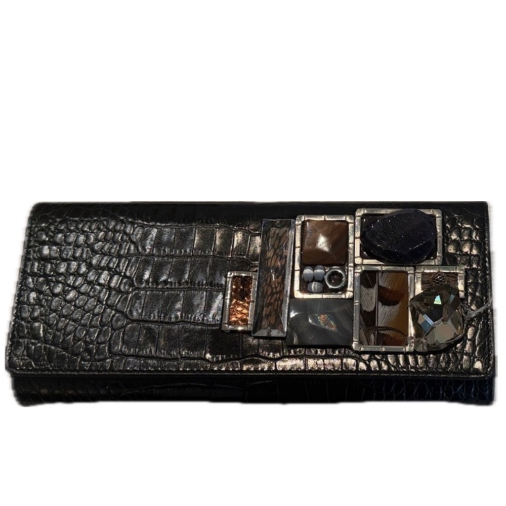 OSCAR DE LA RENTA Vintage Black Croc Embossed Leather Clutch Evening Bag Jewels
